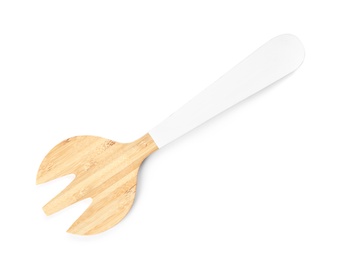 Kitchen utensil made of bamboo on white background, top view