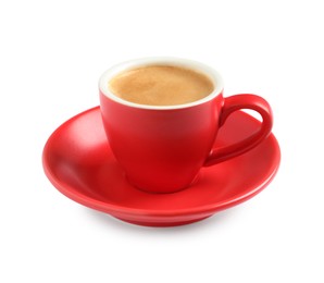 Photo of Aromatic coffee in red cup on white background