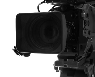 Photo of Modern professional video camera isolated on white, closeup