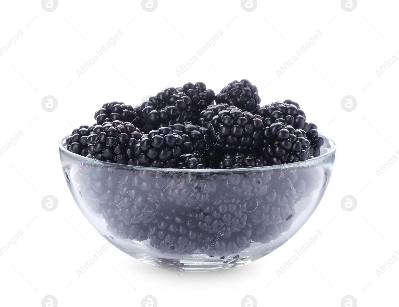 Photo of Glass bowl with blackberries on white background