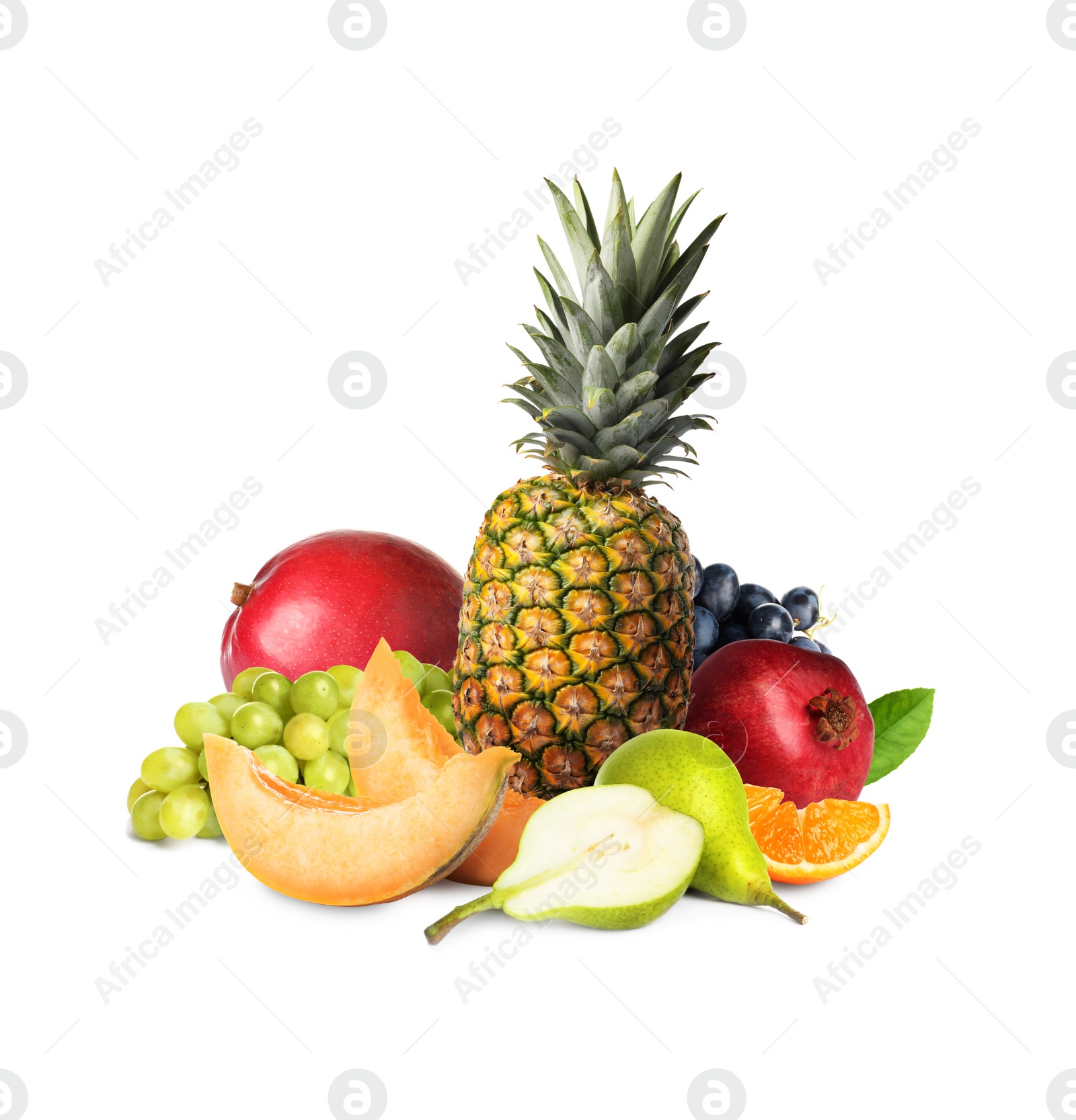 Image of Different ripe juicy fruits on white background
