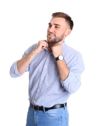 Photo of Portrait of handsome happy man on white background