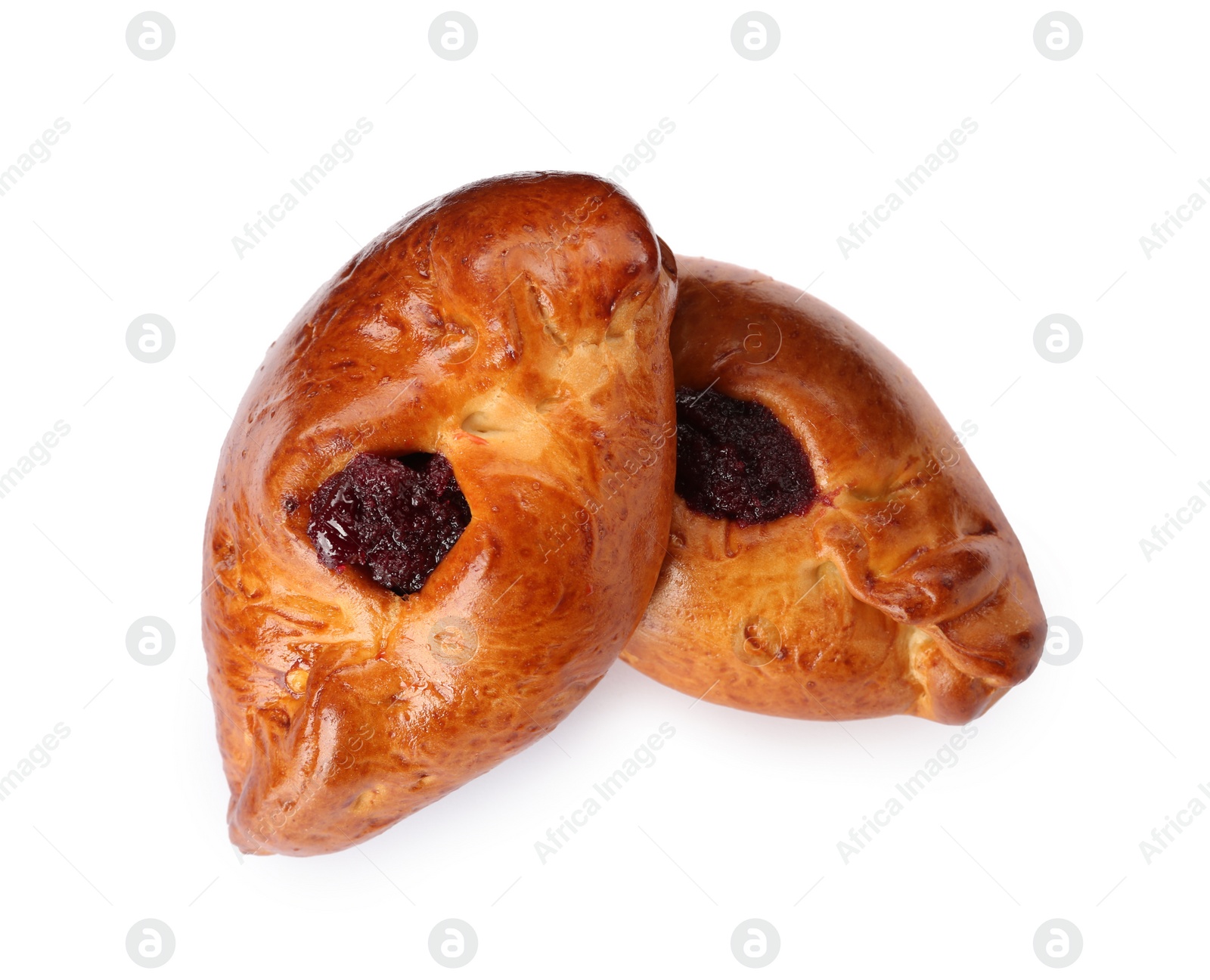 Photo of Delicious baked patties with cherry on white background, top view