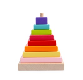 Photo of Colorful wooden pyramid isolated on white. Children's toy