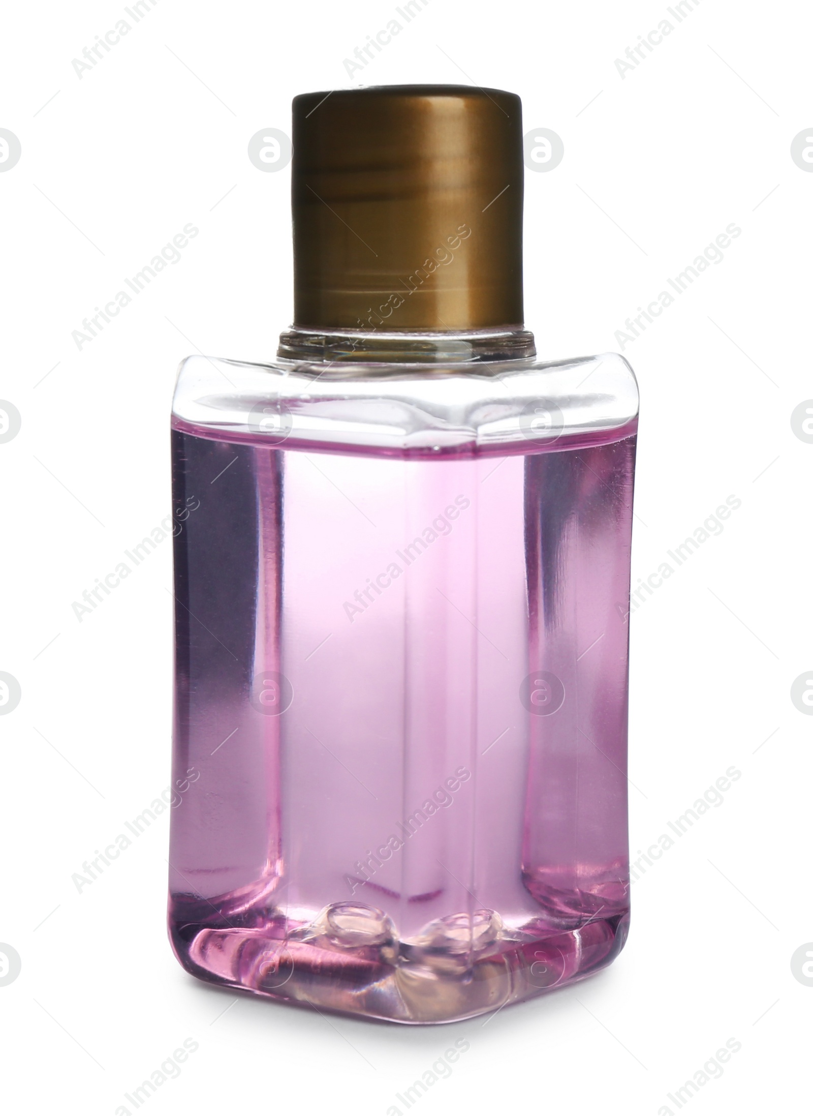 Photo of Mini bottle with cosmetic product on white background. Hotel amenity