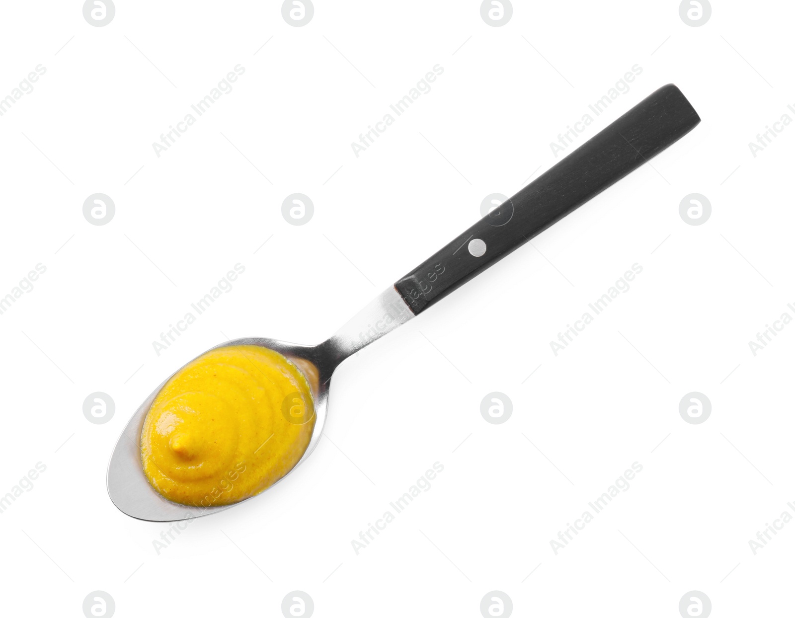 Photo of Fresh tasty mustard sauce in spoon isolated on white, top view