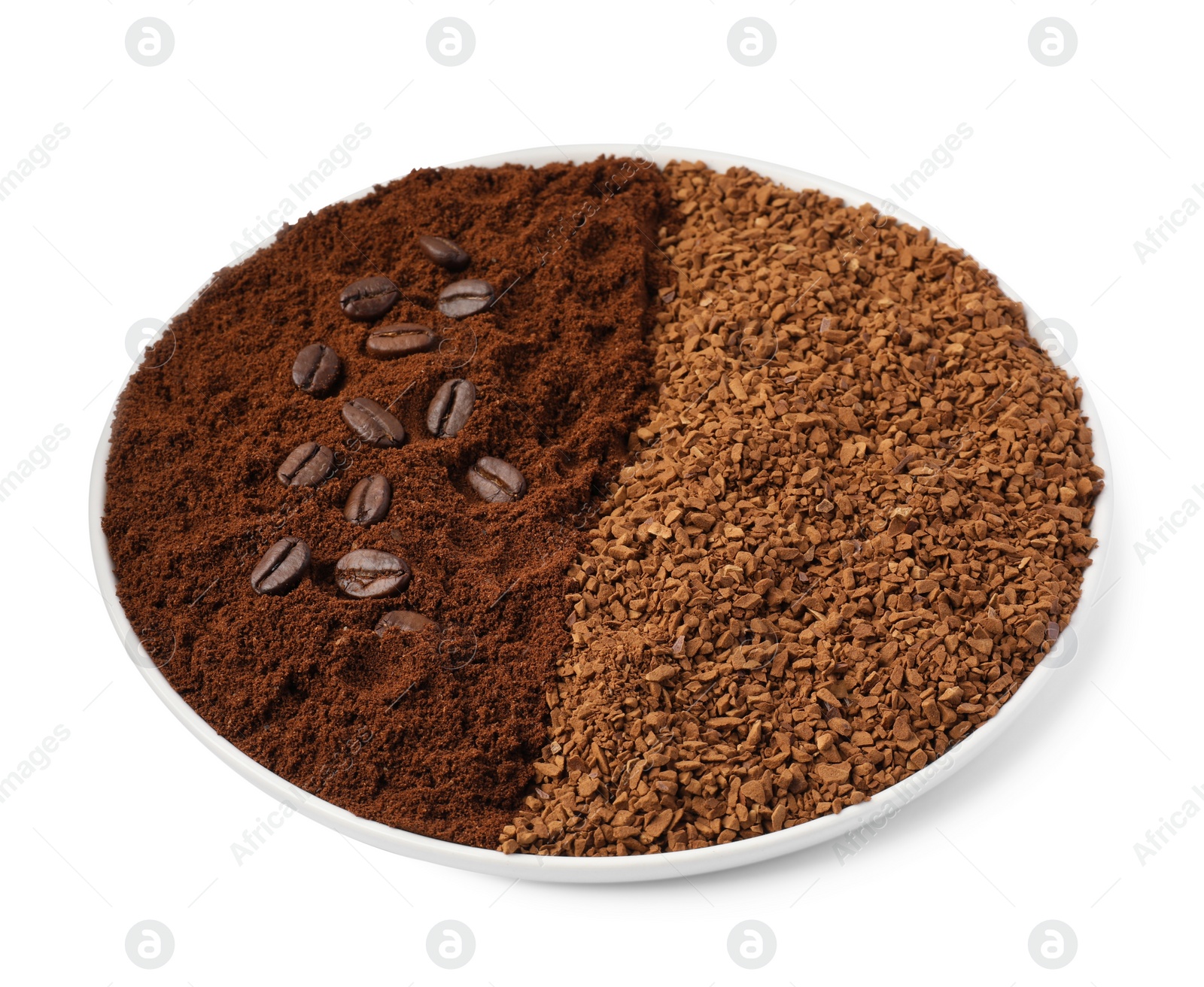 Photo of Plate with instant and ground coffee, roasted beans isolated on white