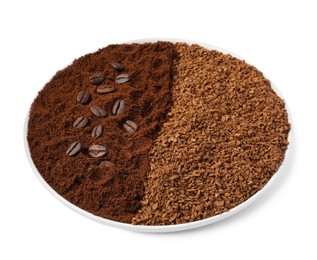 Plate with instant and ground coffee, roasted beans isolated on white