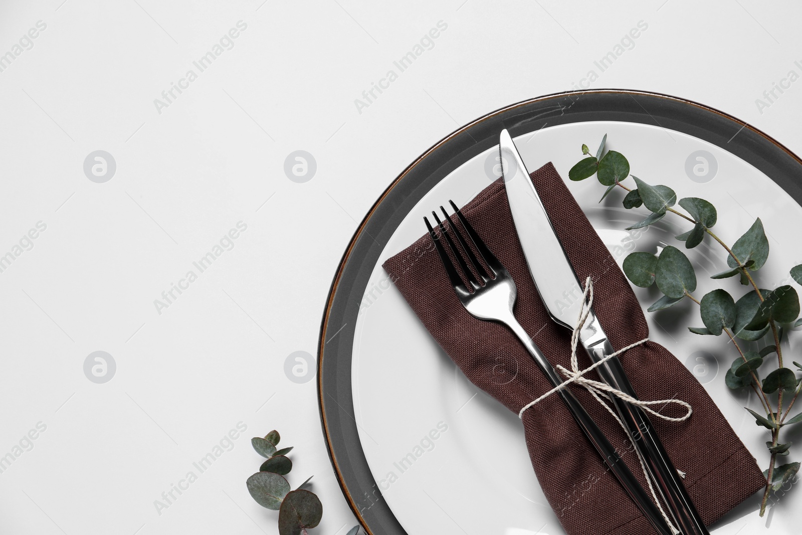 Photo of Stylish setting with cutlery and eucalyptus leaves on white background, top view. Space for text