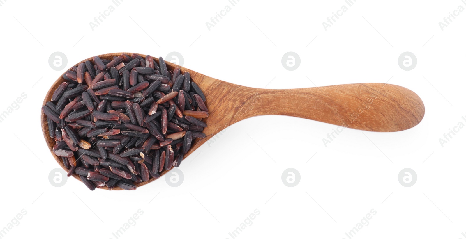 Photo of Spoon with raw black rice isolated on white, top view