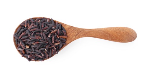 Spoon with raw black rice isolated on white, top view