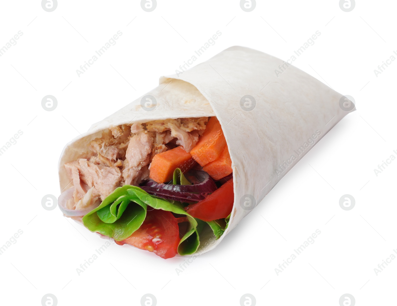 Photo of Delicious tortilla wrap with tuna isolated on white