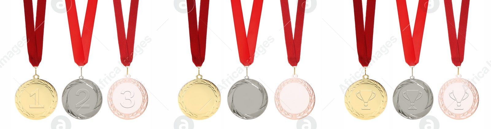 Image of Gold, silver and bronze medals isolated on white, set