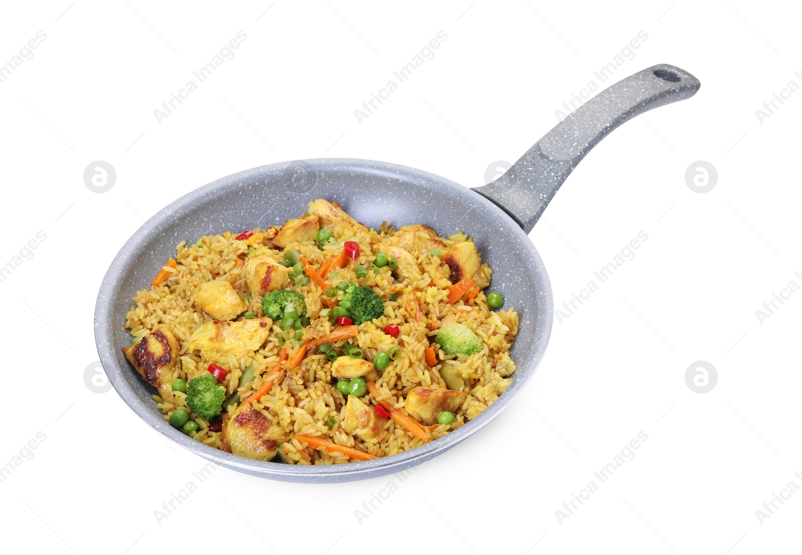 Photo of Tasty rice with meat and vegetables in frying pan isolated on white