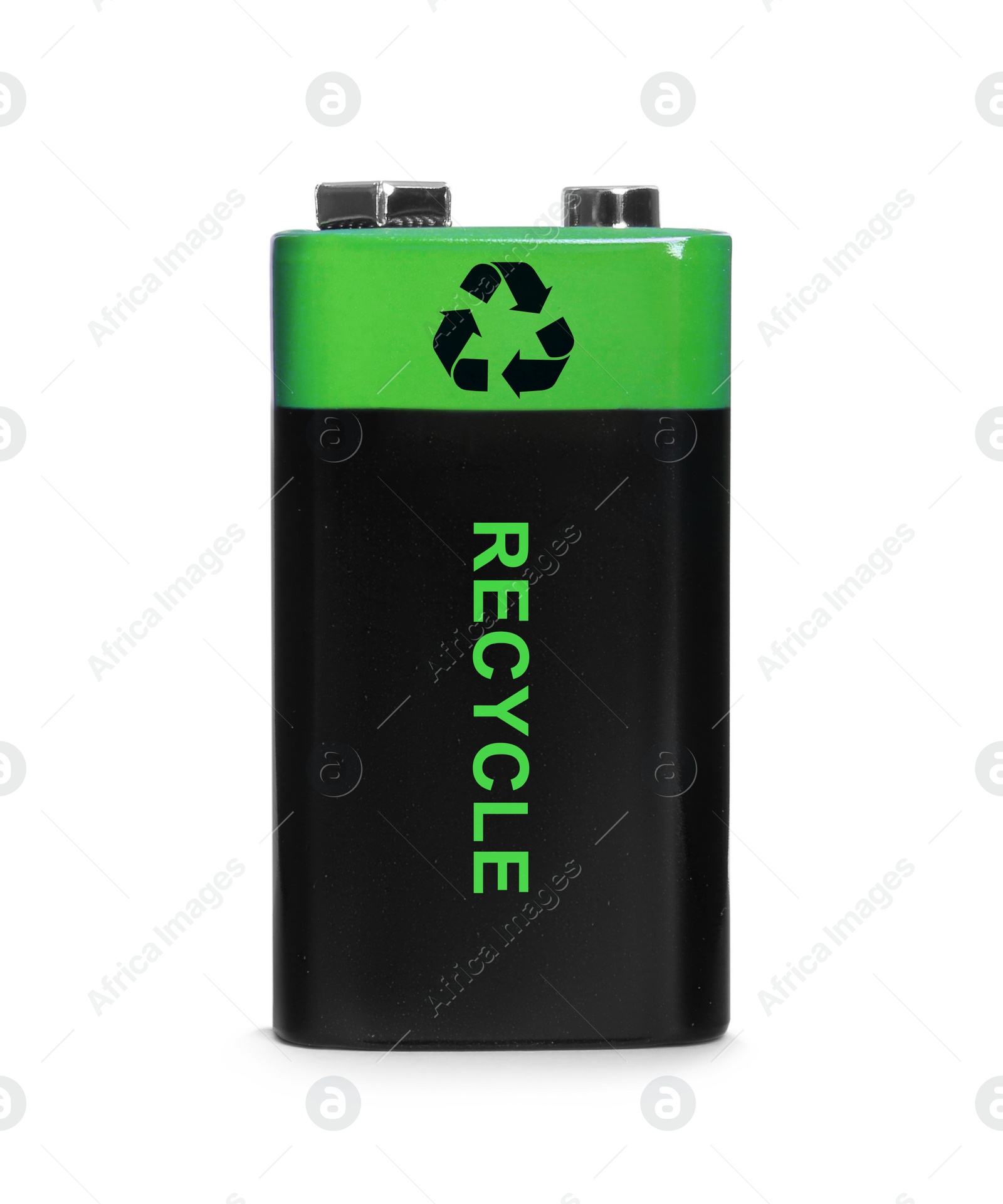 Image of Battery with recycle symbol isolated on white