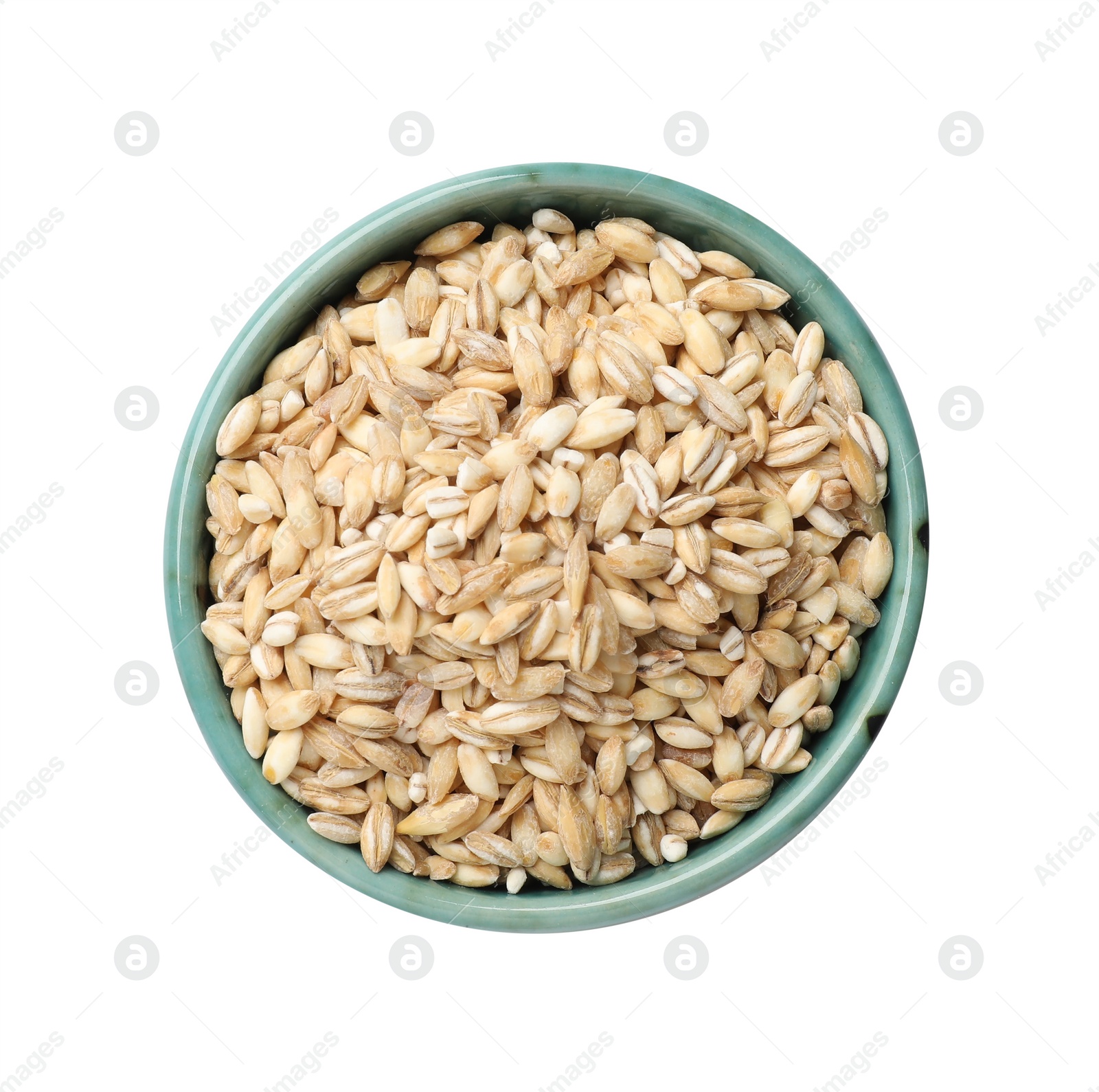 Photo of Dry pearl barley in bowl isolated on white, top view
