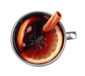 Aromatic mulled wine isolated on white, top view