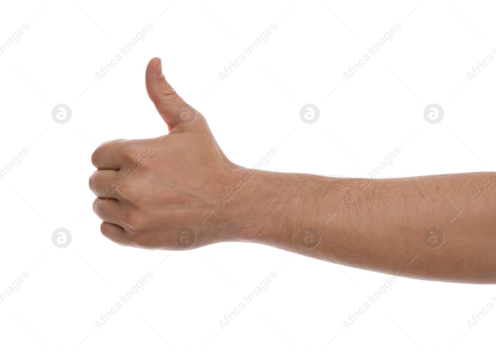 Photo of Man showing thumb up gesture against white background, closeup of hand