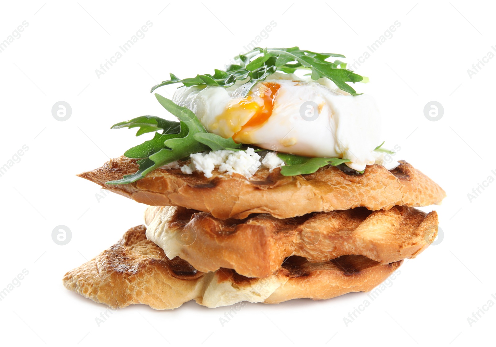 Photo of Delicious sandwich with arugula and egg isolated on white