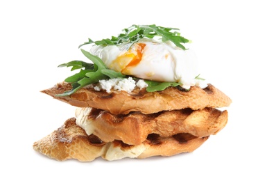 Delicious sandwich with arugula and egg isolated on white