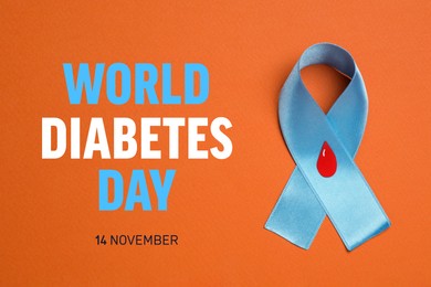 World Diabetes Day. Light blue ribbon with paper blood drop on orange background, top view