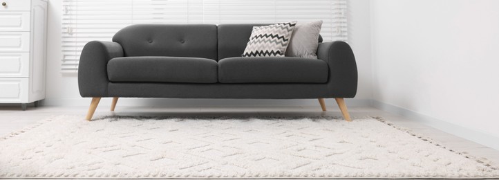 Image of Living room with soft carpet and stylish sofa. Banner design