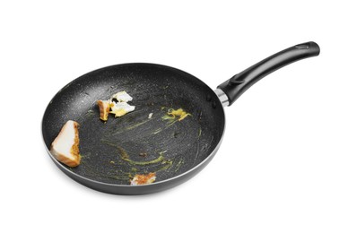Dirty non-stick frying pan on white background