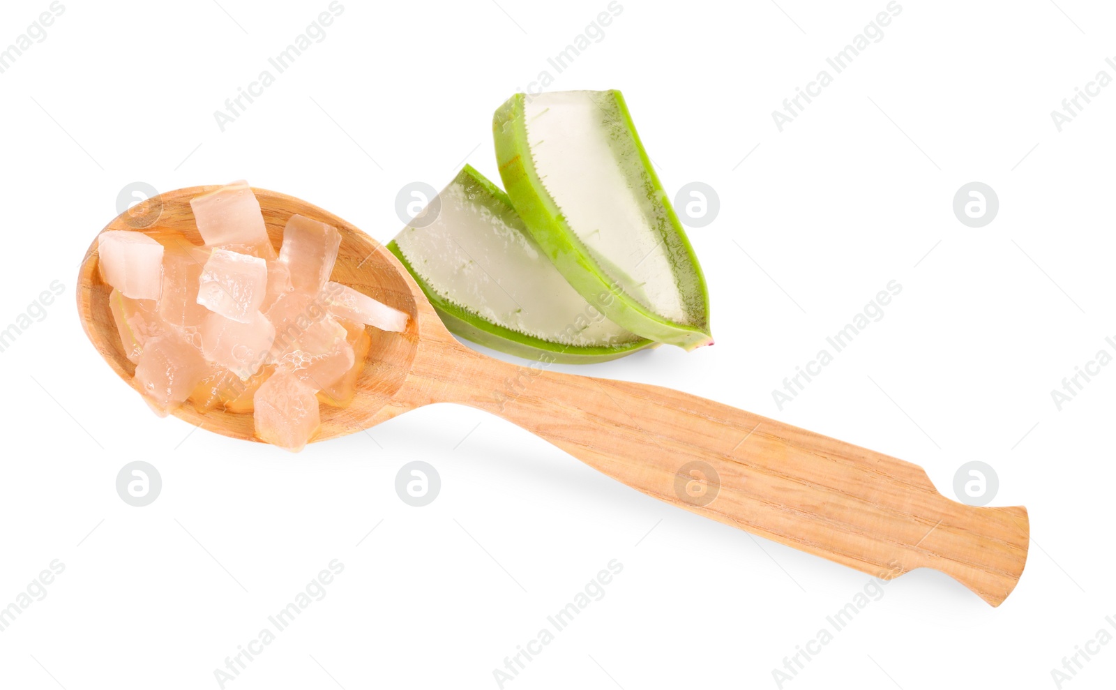 Photo of Aloe vera gel in spoon and slices of plant isolated on white, top view