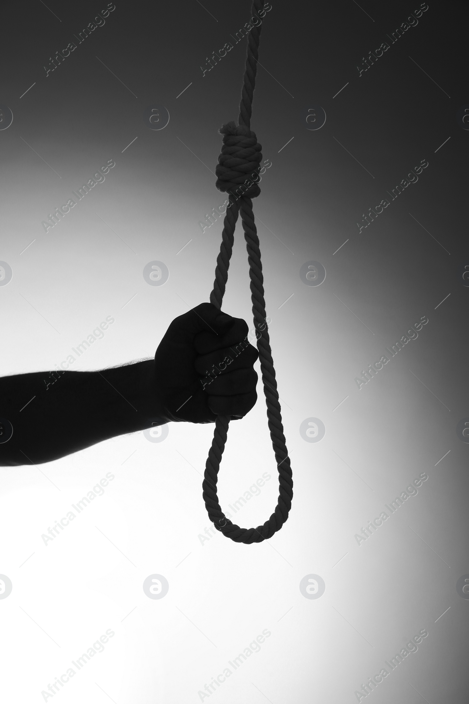 Photo of Silhouette of man holding rope noose on light background, closeup