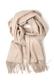 Stylish beige cashmere scarf isolated on white, top view