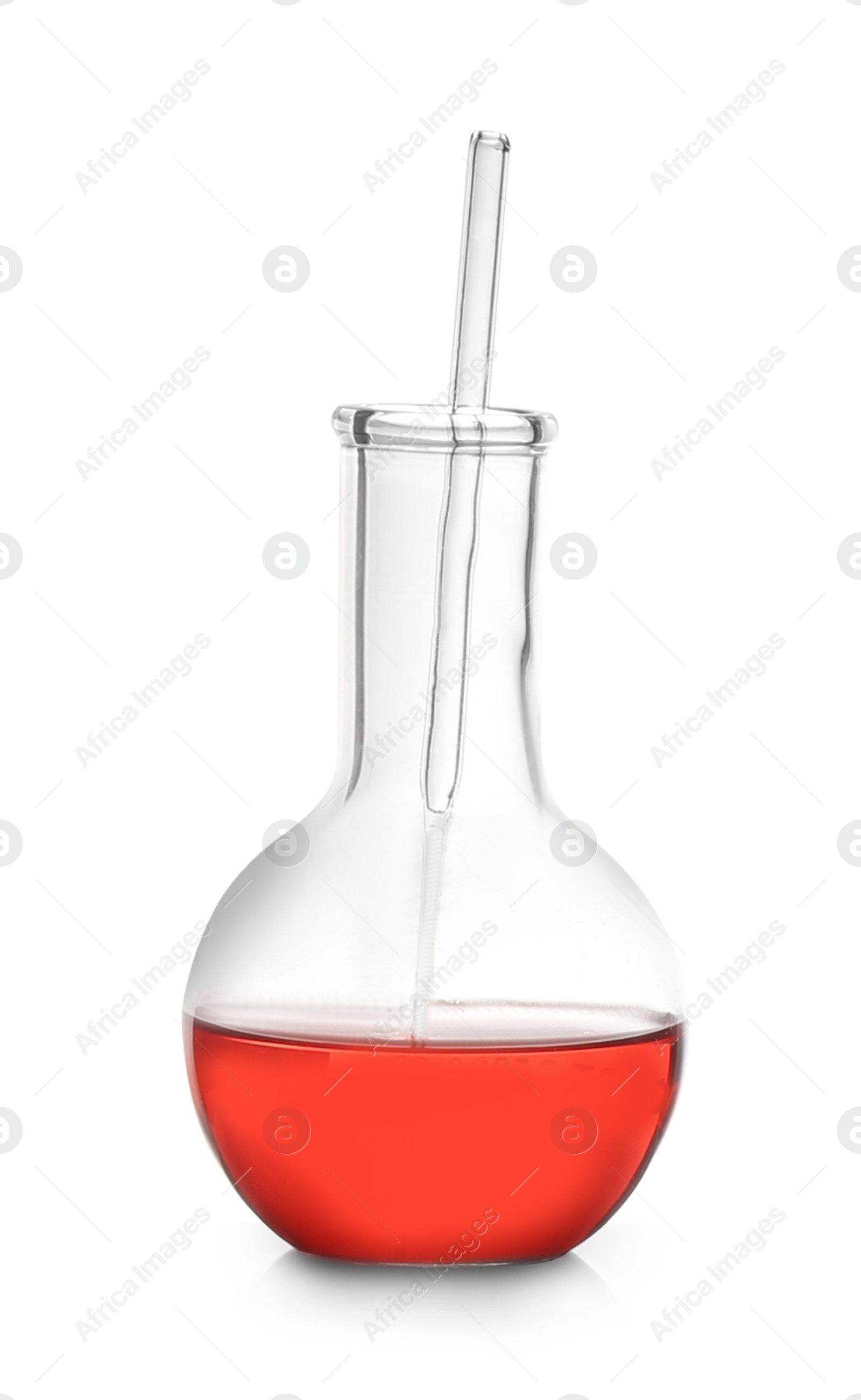 Photo of Florence flask with red liquid isolated on white