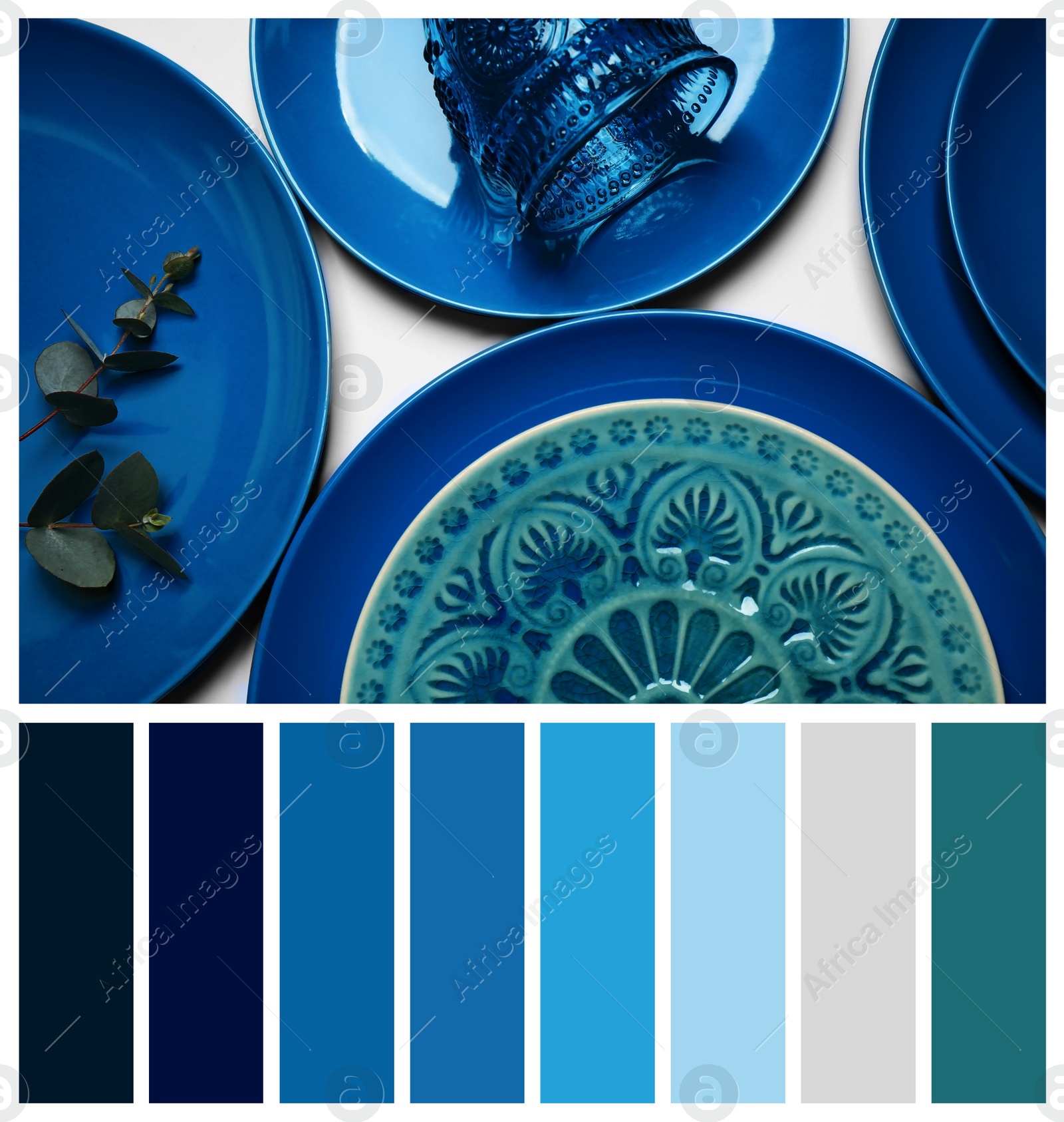 Image of Flat lay composition inspired by color of the year 2020 (Classic blue) on white background