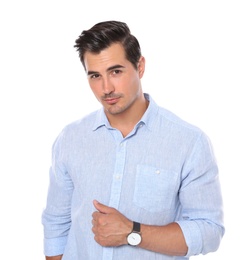 Photo of Portrait of handsome young man on white background