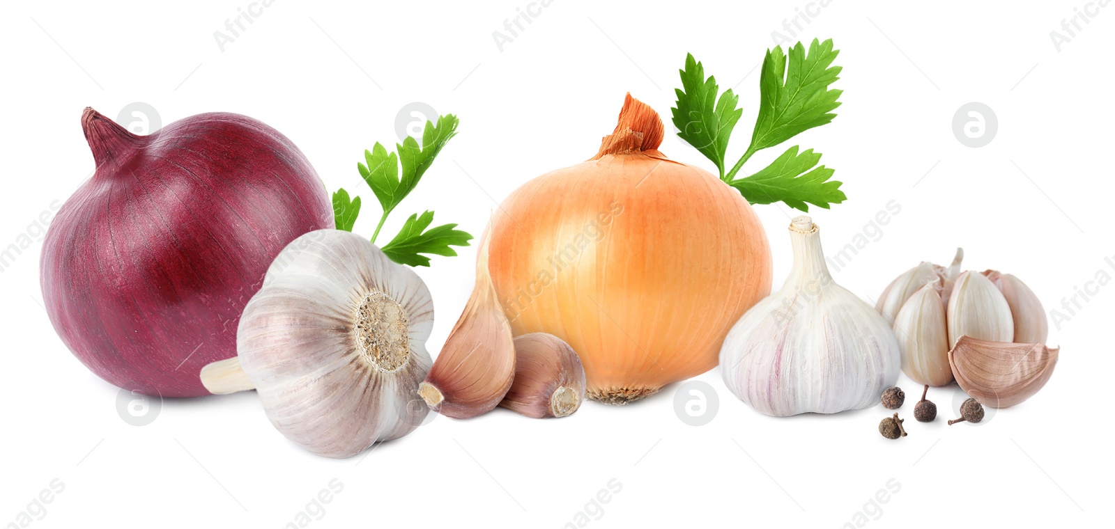 Image of Mix of fresh garlic and onions on white background. Banner design