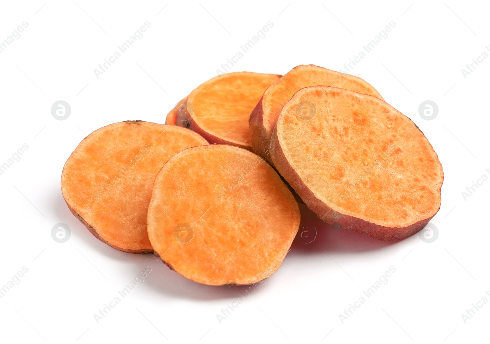 Photo of Slices of ripe sweet potato on white background