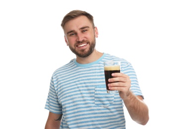 Handsome man with cold kvass on white background. Traditional Russian summer drink