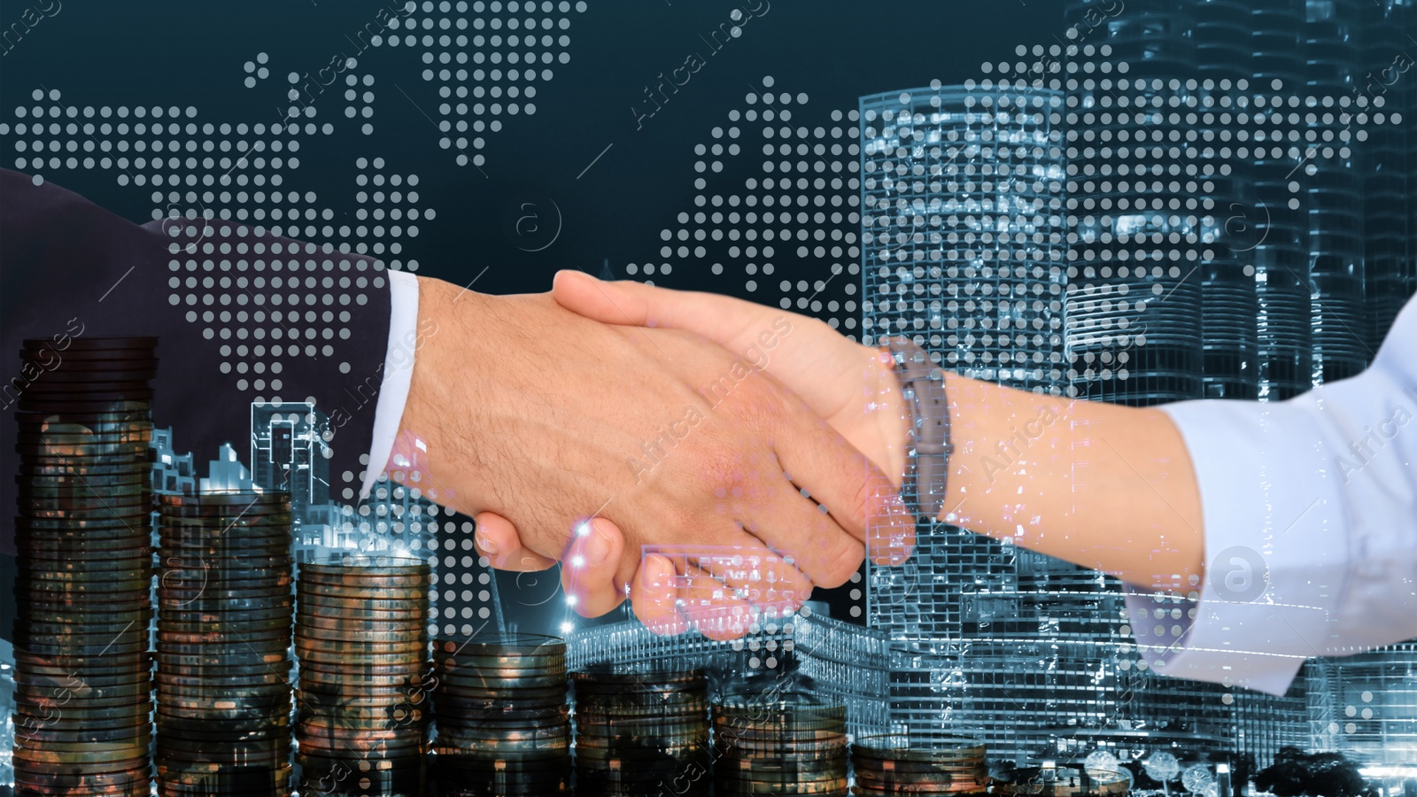 Image of Multiple exposure of partners shaking hands, coins and night city. Business values