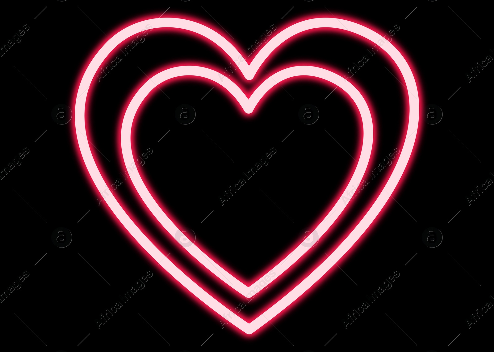 Illustration of Hearts glowing neon sign on black background