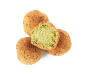 Delicious falafel balls on white background, top view