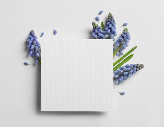 Photo of Empty card and spring muscari flowers on white background, top view. Space for text