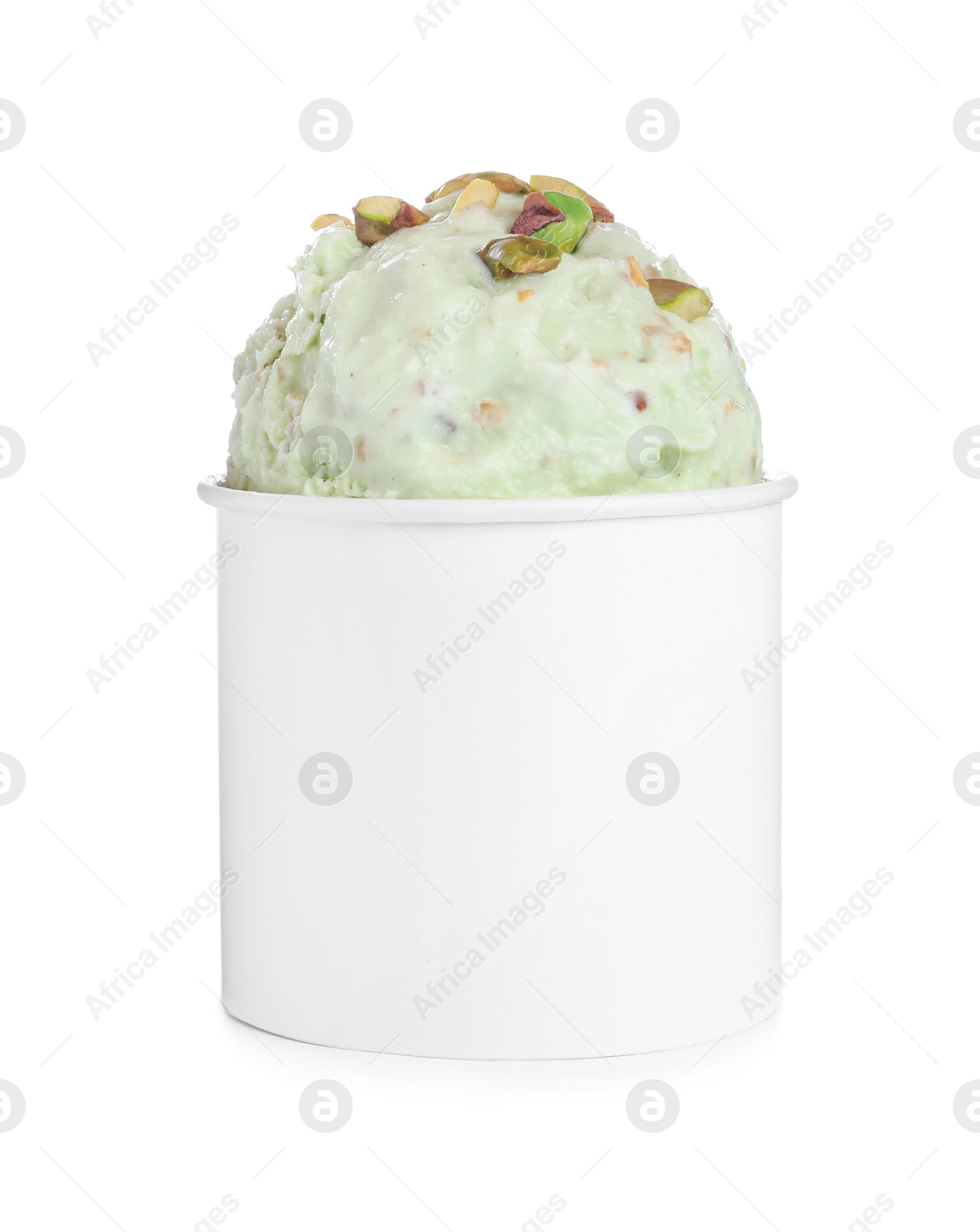 Photo of Delicious pistachio ice cream in paper cup isolated on white