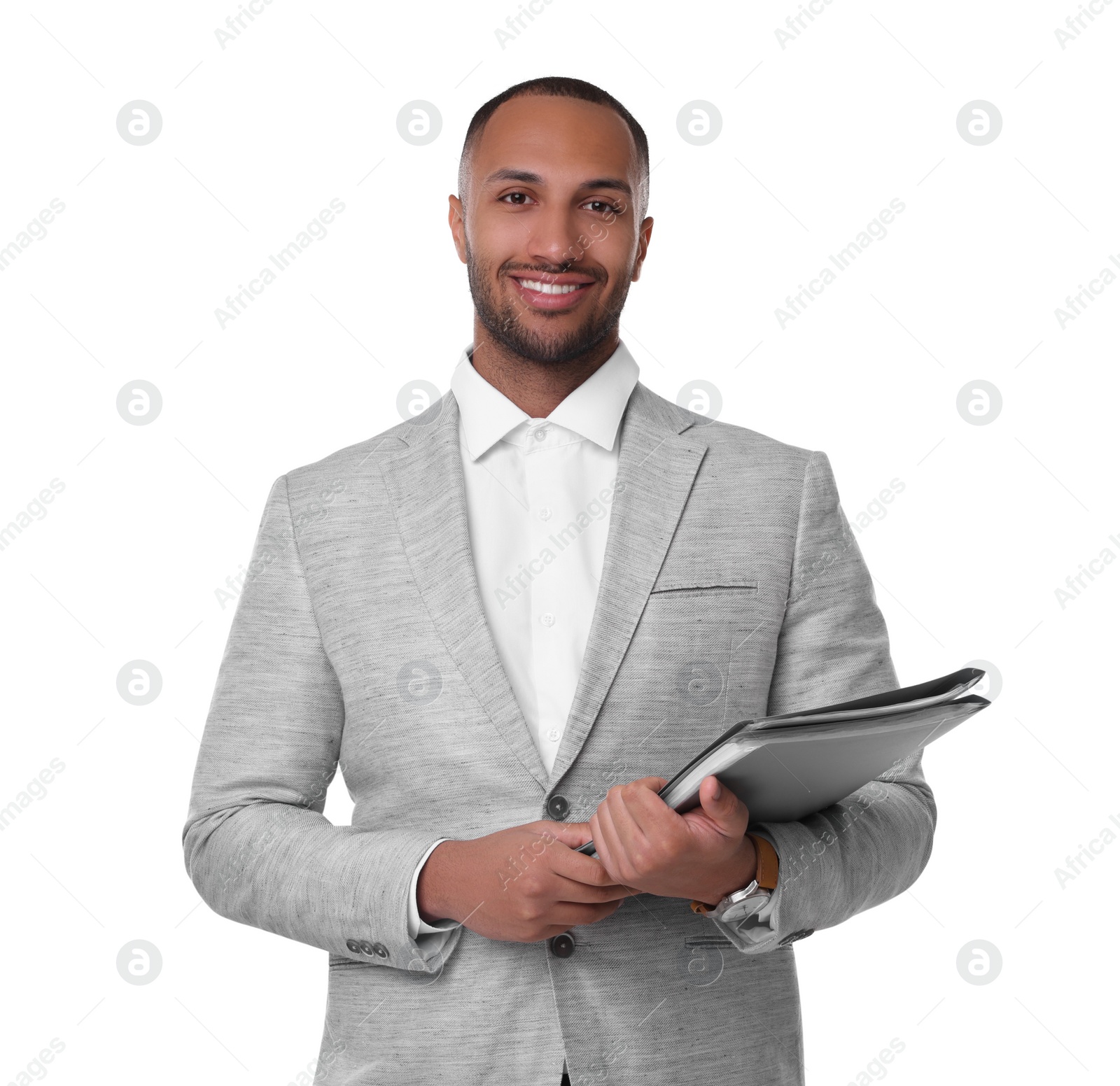 Photo of Portrait of happy man with folders on white background. Lawyer, businessman, accountant or manager