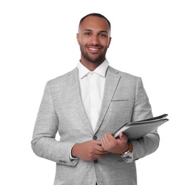 Portrait of happy man with folders on white background. Lawyer, businessman, accountant or manager