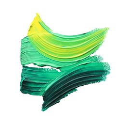 Photo of Colorful oil paint strokes on white background, top view