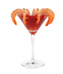 Photo of Delicious shrimp cocktail with tomato sauce isolated on white