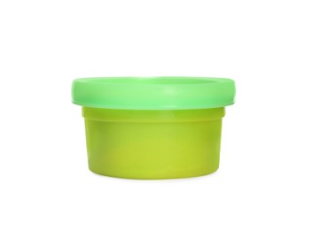 Photo of Plastic container of colorful play dough isolated on white