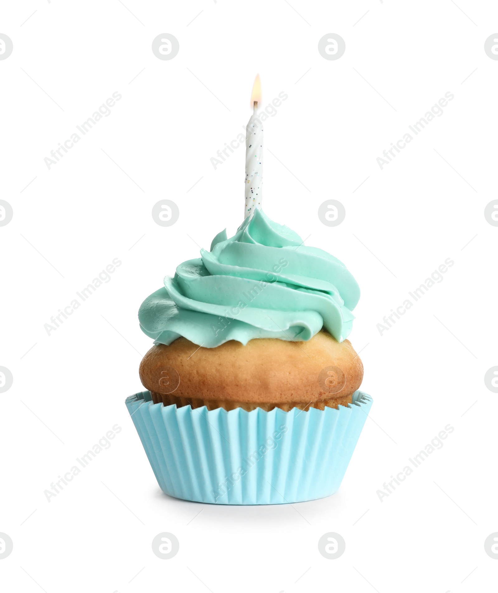 Photo of Delicious birthday cupcake with candle on white background