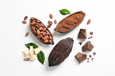 Photo of Composition with cocoa products on white background, top view