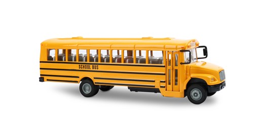 Photo of Yellow school bus isolated on white. Children's toy