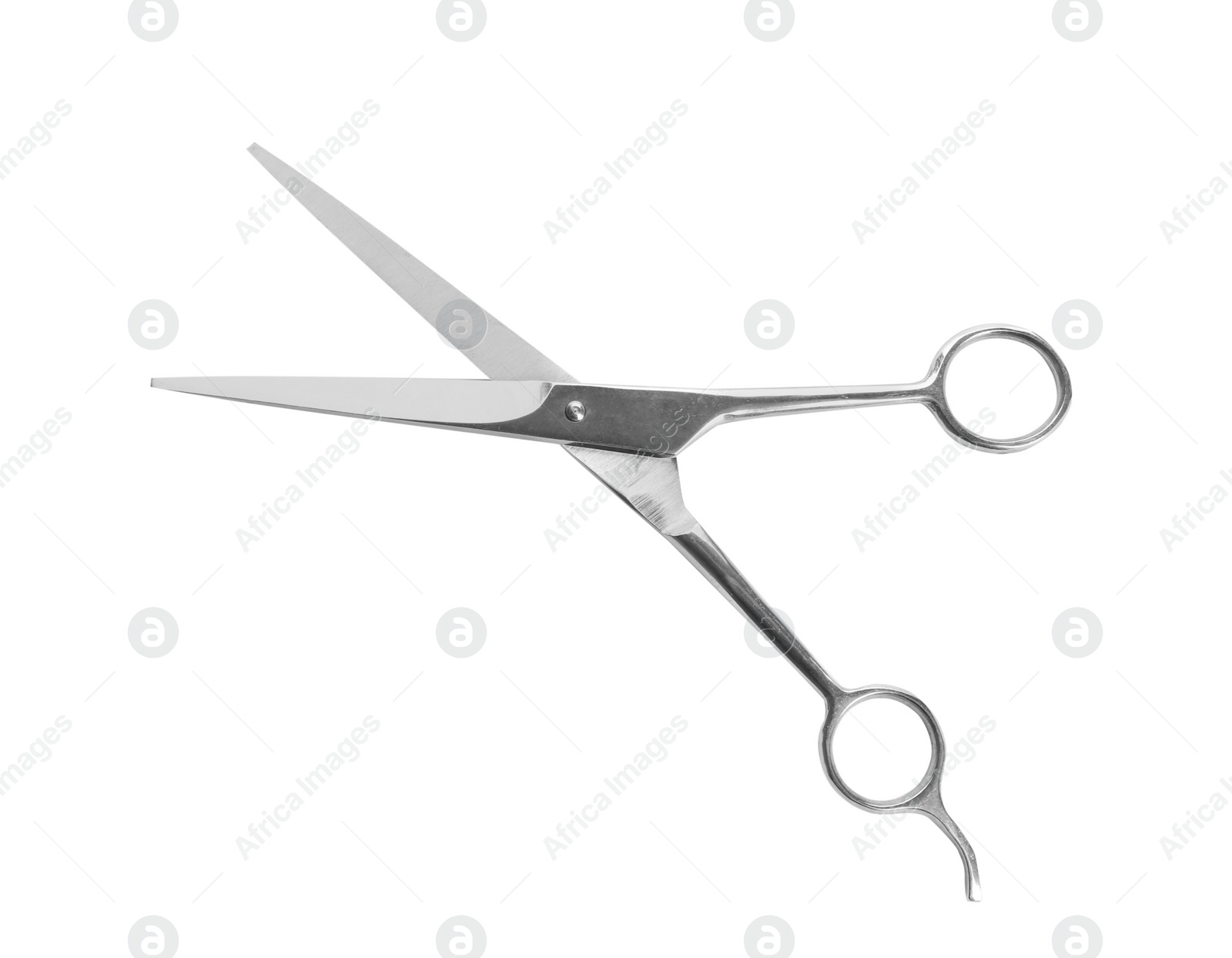 Photo of Pair of sharp hairdresser's scissors on white background